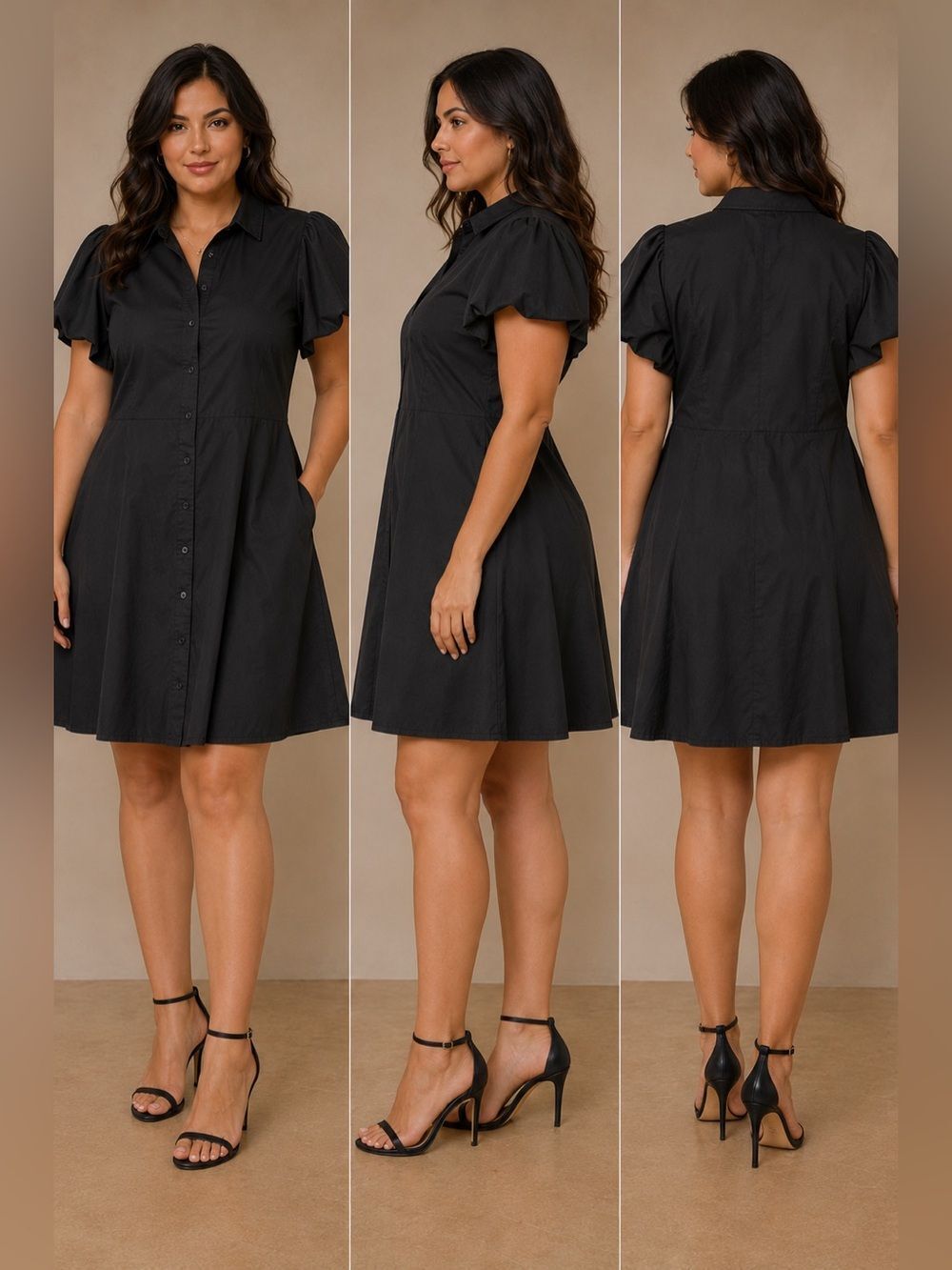 Suzanne Somers Black Button Down Collared Dress Sz 2X Cotton Blend Puffy Sleeve